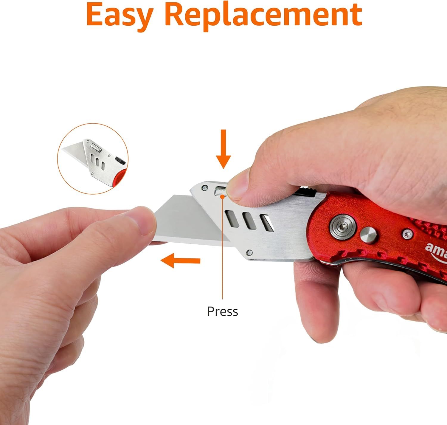 Demonstrates the simple process of replacing the blade on this utility knife, reassuring shoppers that maintenance is quick and easy. Highlights the convenience and user-friendly design of the blade…