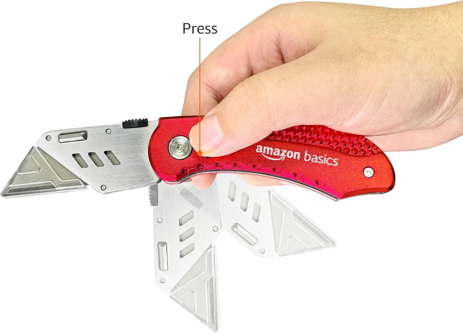 Demonstrates how to open and deploy the utility knife blade by pressing the button, showing shoppers the simple one-handed operation mechanism. Highlights the ease of use and convenient one-handed…