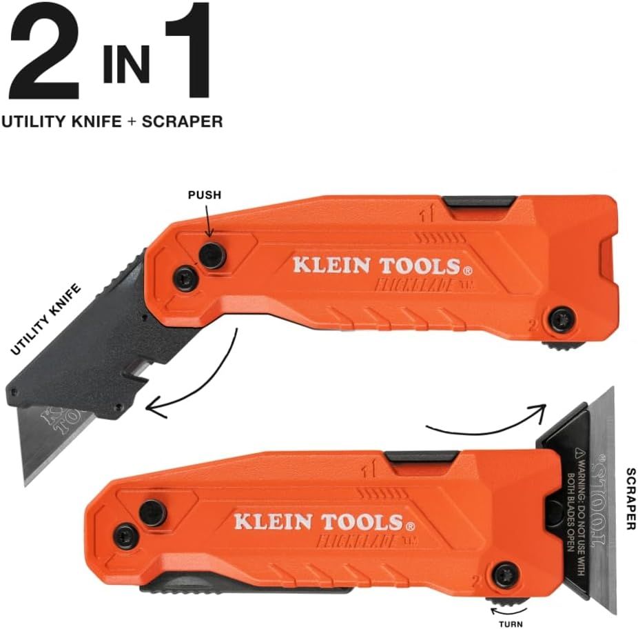 Demonstrates the dual functionality of the tool by showing how it transforms between a utility knife and scraper, with labeled callouts pointing to key components and usage instructions. Instructs…