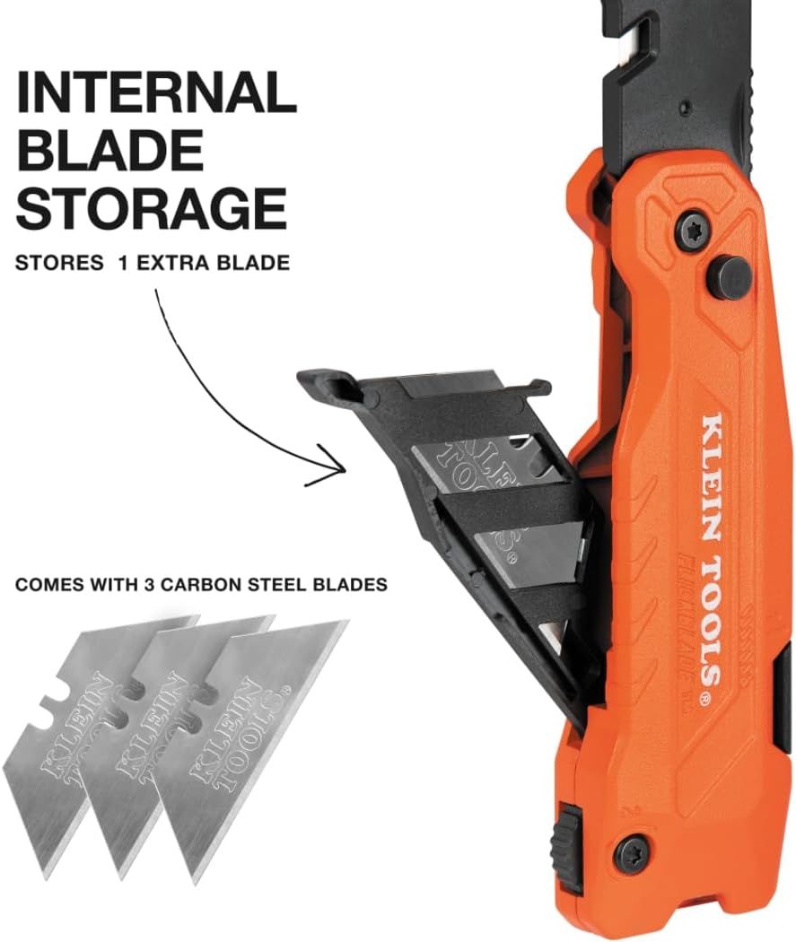 Highlights the product's internal blade storage compartment that stores 1 extra blade, and shows that it comes with 3 carbon steel blades, reassuring shoppers of convenience and value.