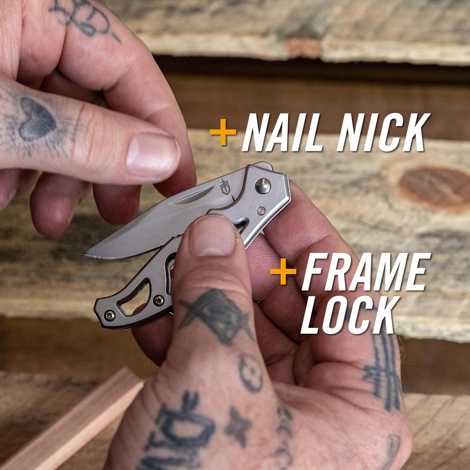 Highlights the key functional components of the folding knife—the nail nick for blade deployment and the frame lock mechanism for safety—to educate shoppers on how the product works and reassure…