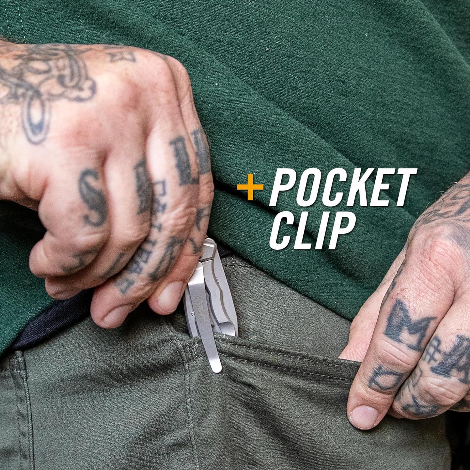 Highlights the pocket clip feature of the product, showing where it is located and how it attaches to clothing for convenient carry.