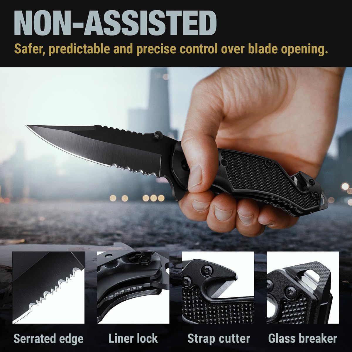 Breaks down the knife's key physical components and features to help shoppers understand the product's construction and built-in tools. Highlights multiple distinct benefits and features of the…