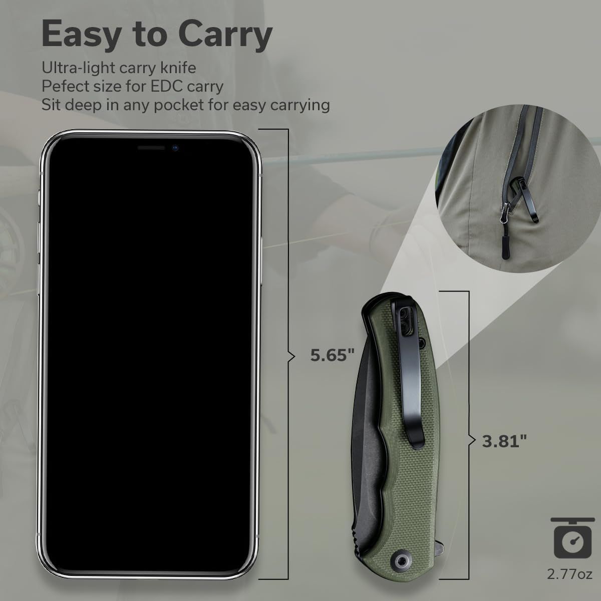 Demonstrates the knife's compact size and ultra-light weight compared to a smartphone, reassuring shoppers it's pocket-friendly and perfect for EDC carry. Highlights the product's portability and…