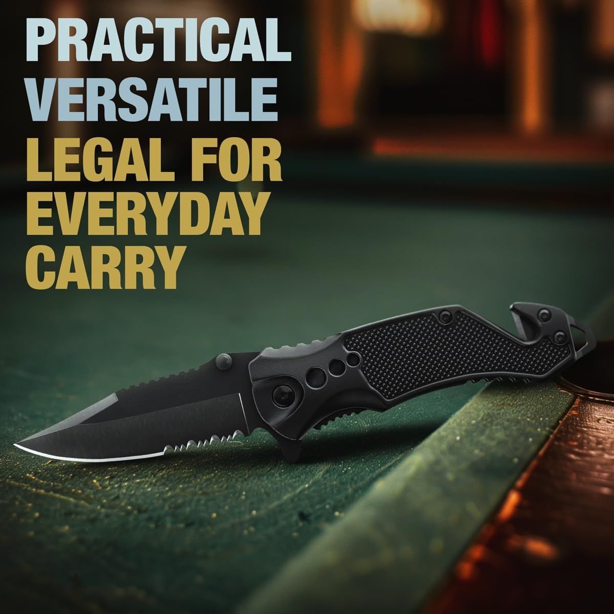 Communicates that the knife is practical, versatile, and legal for everyday carry, reassuring shoppers about its usability and compliance.
