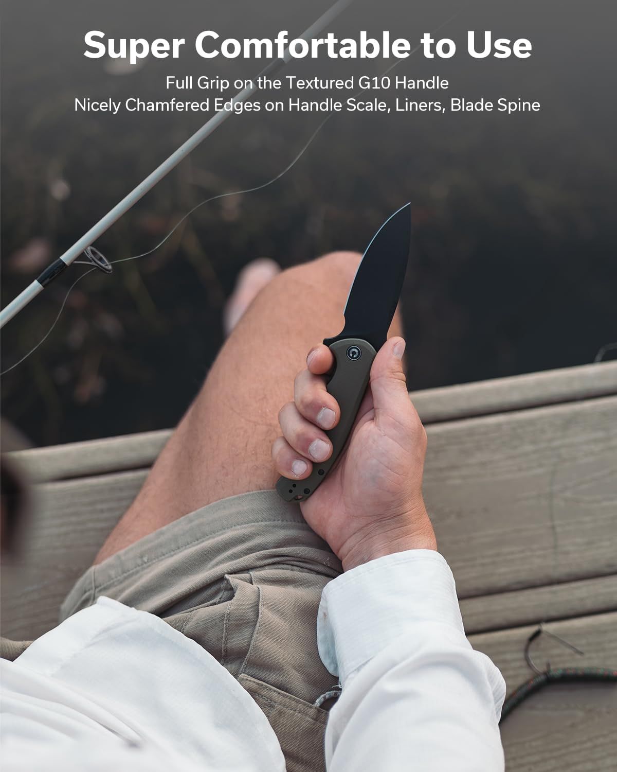 Communicates the knife's superior comfort and ergonomic design through its textured handle and chamfered edges, reassuring shoppers that it's comfortable to grip and use for extended periods.