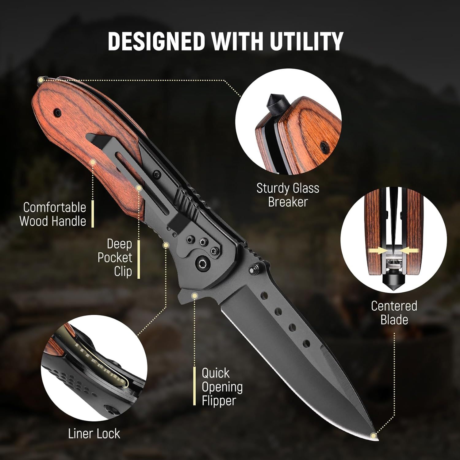 This image breaks down the knife's physical components and structural features to help shoppers understand the product's construction and functional parts.