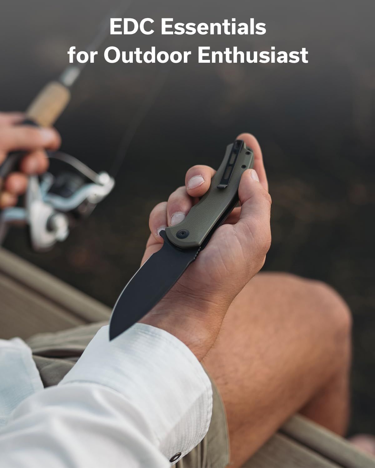 Demonstrates the product in a real-world outdoor fishing scenario to help shoppers visualize the knife as an essential EDC tool for outdoor enthusiasts.
