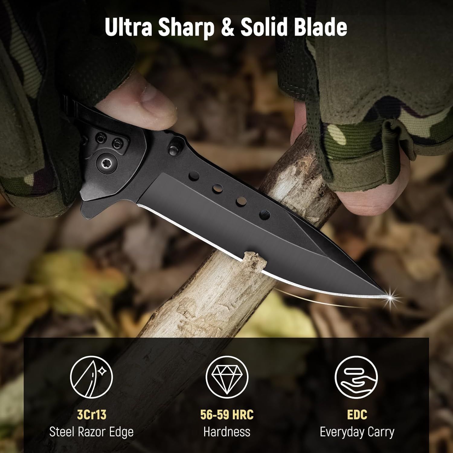 Communicates multiple key benefits of the knife including blade sharpness, steel quality, hardness rating, and everyday carry suitability to reassure shoppers of the product's durability and…