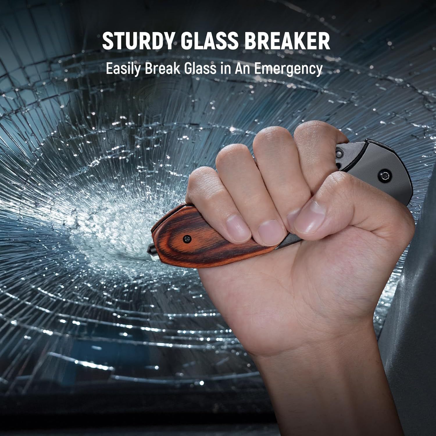 Demonstrates the product's use case as an emergency glass breaker tool, showing it can be used to escape from a vehicle by breaking the window in critical situations.