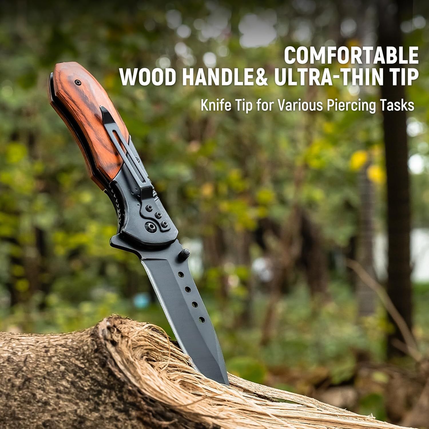 Highlights the knife's comfortable wood handle and ultra-thin tip design, emphasizing its suitability for various piercing tasks and ergonomic use.