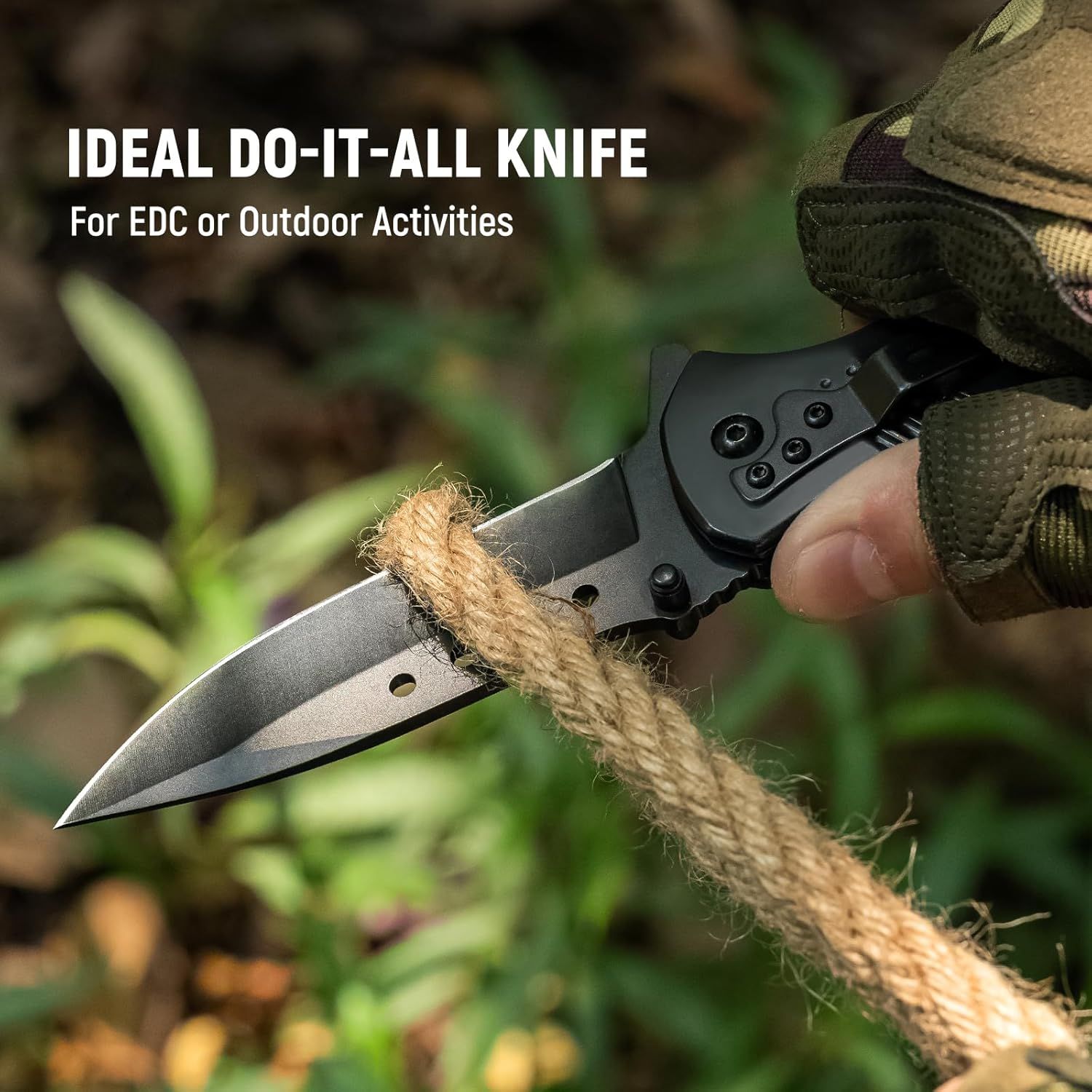 Demonstrates the knife's versatility by positioning it as ideal for multiple use cases: everyday carry (EDC) and outdoor activities, reassuring shoppers of its multi-purpose utility. Communicates…