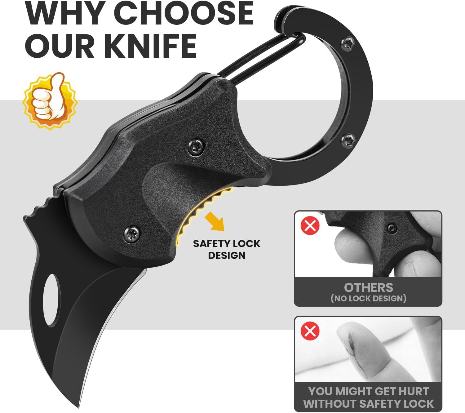 Demonstrates why this knife is superior to competing products by highlighting its unique safety lock feature and contrasting it with competitors that lack this safety mechanism, reassuring shoppers…