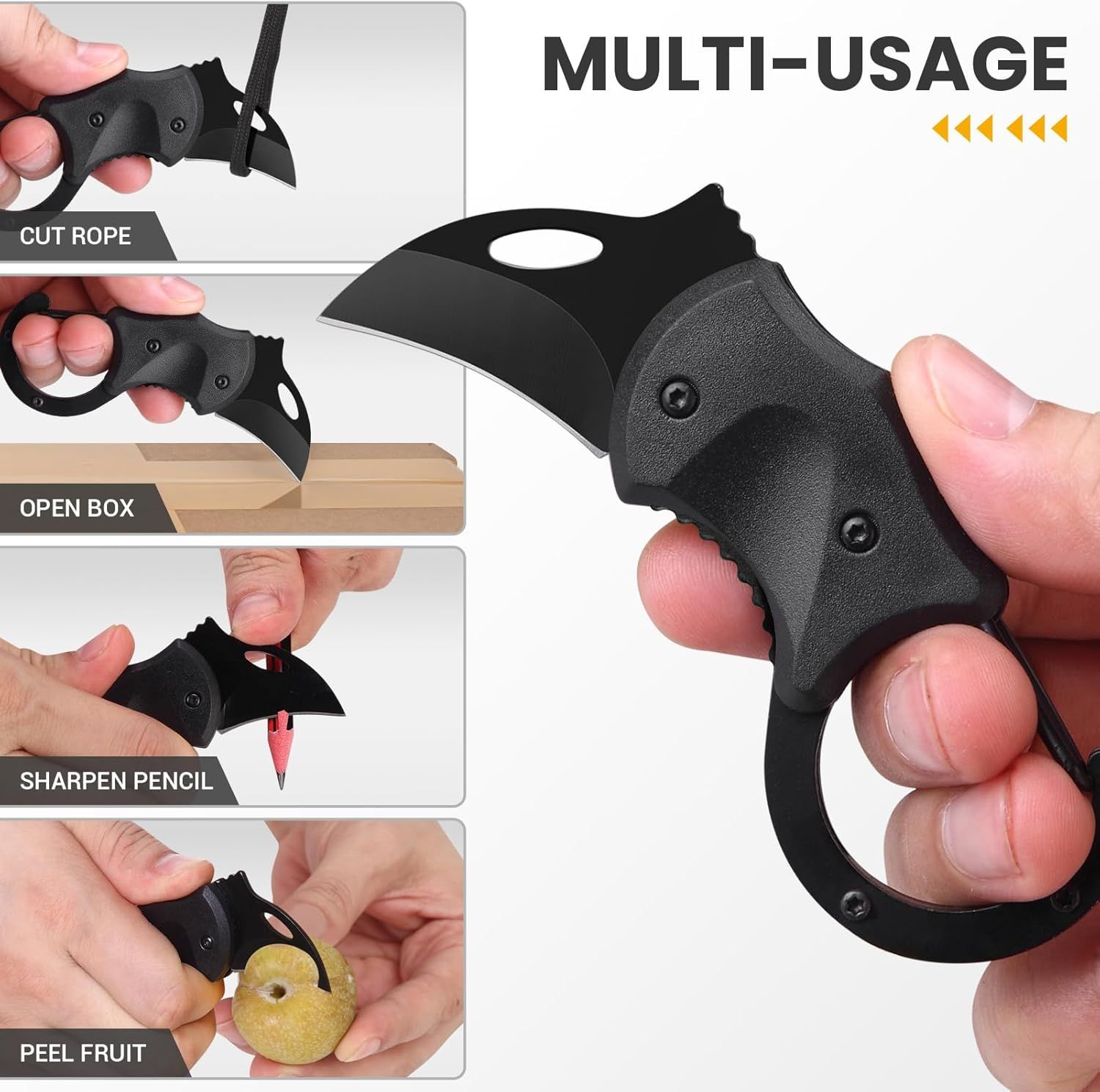 Demonstrates the versatility of this tactical knife tool by showing four distinct use cases, reassuring shoppers that it's a practical multi-purpose tool for everyday tasks.