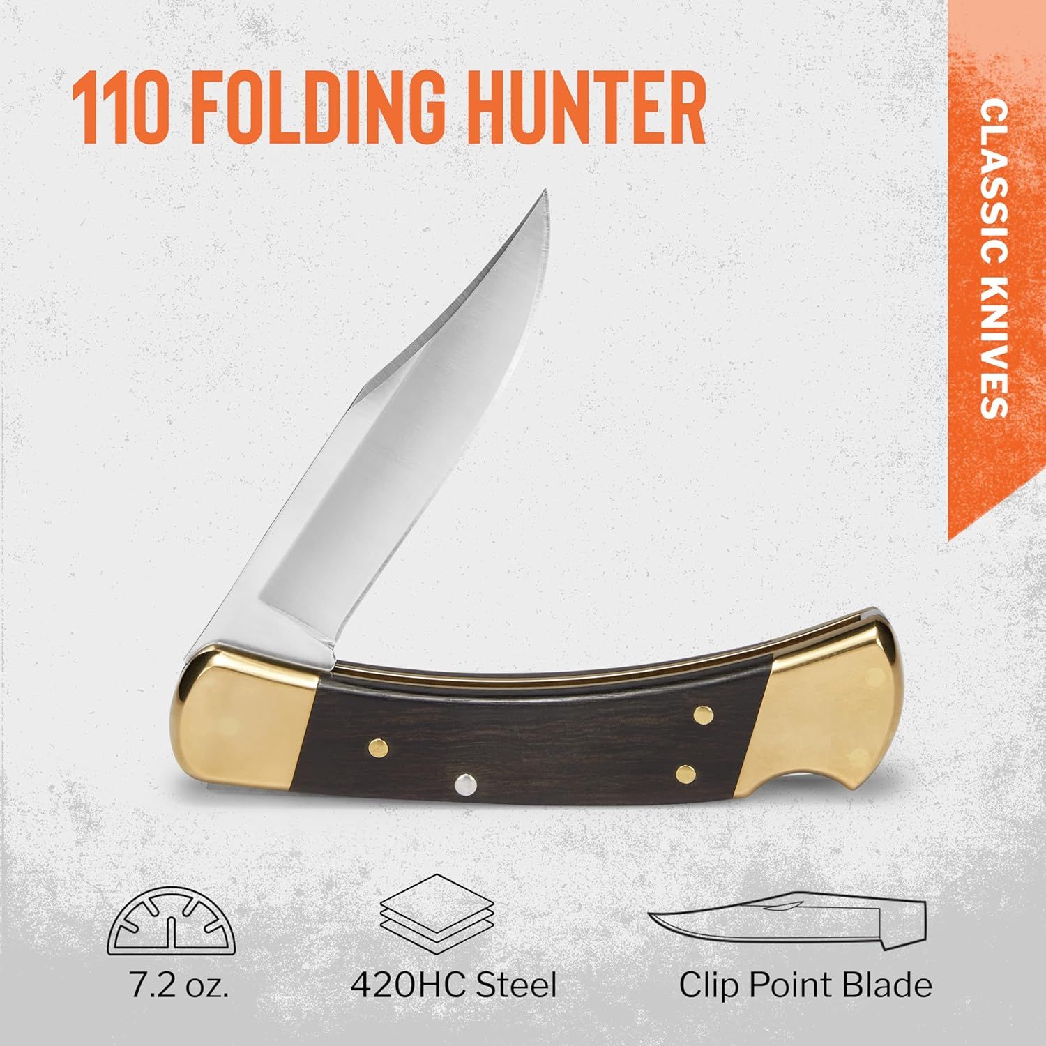 Communicates multiple key specifications of the folding hunter knife to help shoppers understand its weight, steel quality, and blade type in a single glance.