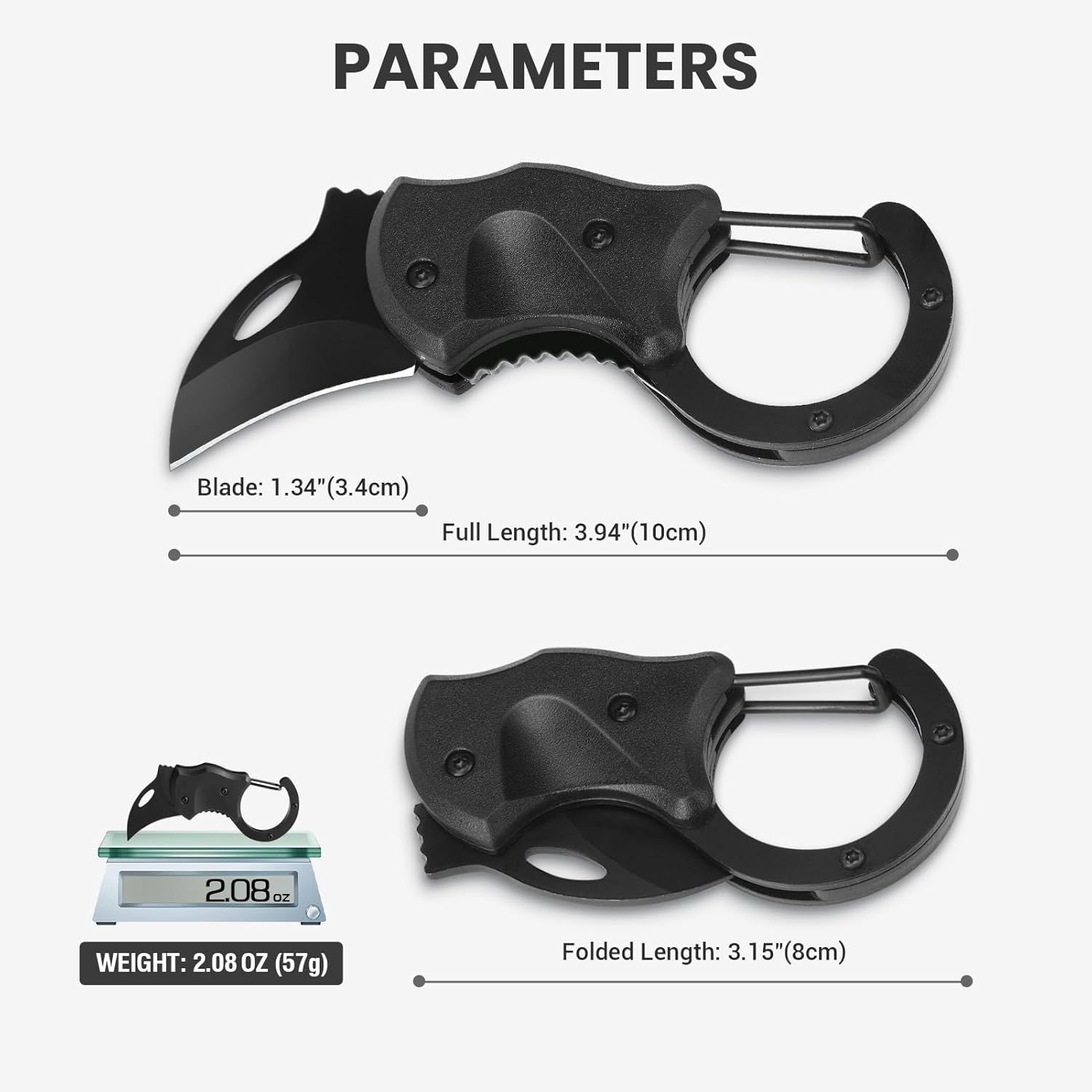 Provides exact measurements of the product's blade length, full length, folded length, and weight to help shoppers understand the physical size and portability of the knife.