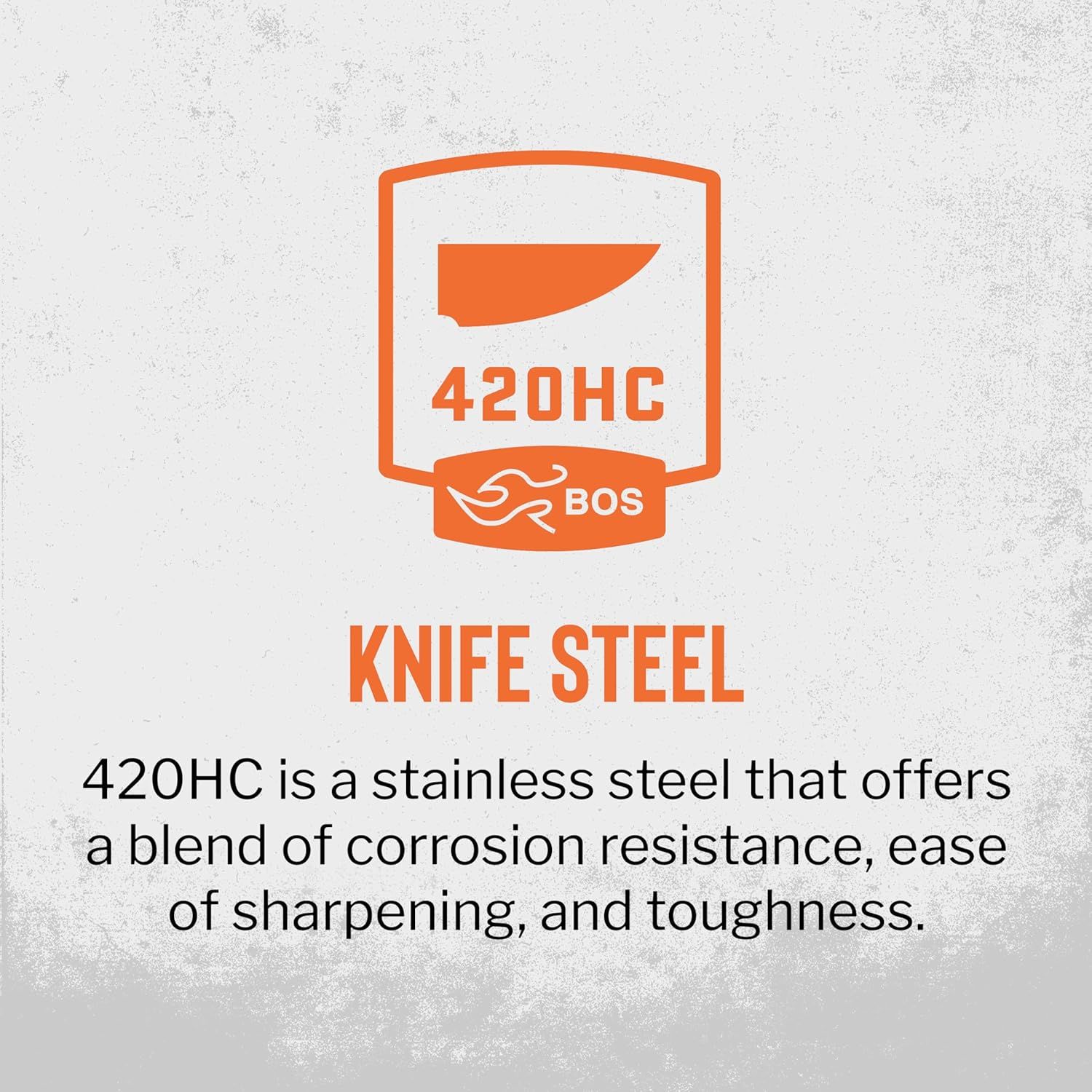 Communicates the premium knife steel material and its key benefits (corrosion resistance, ease of sharpening, and toughness) to reassure shoppers of the product's quality and durability.