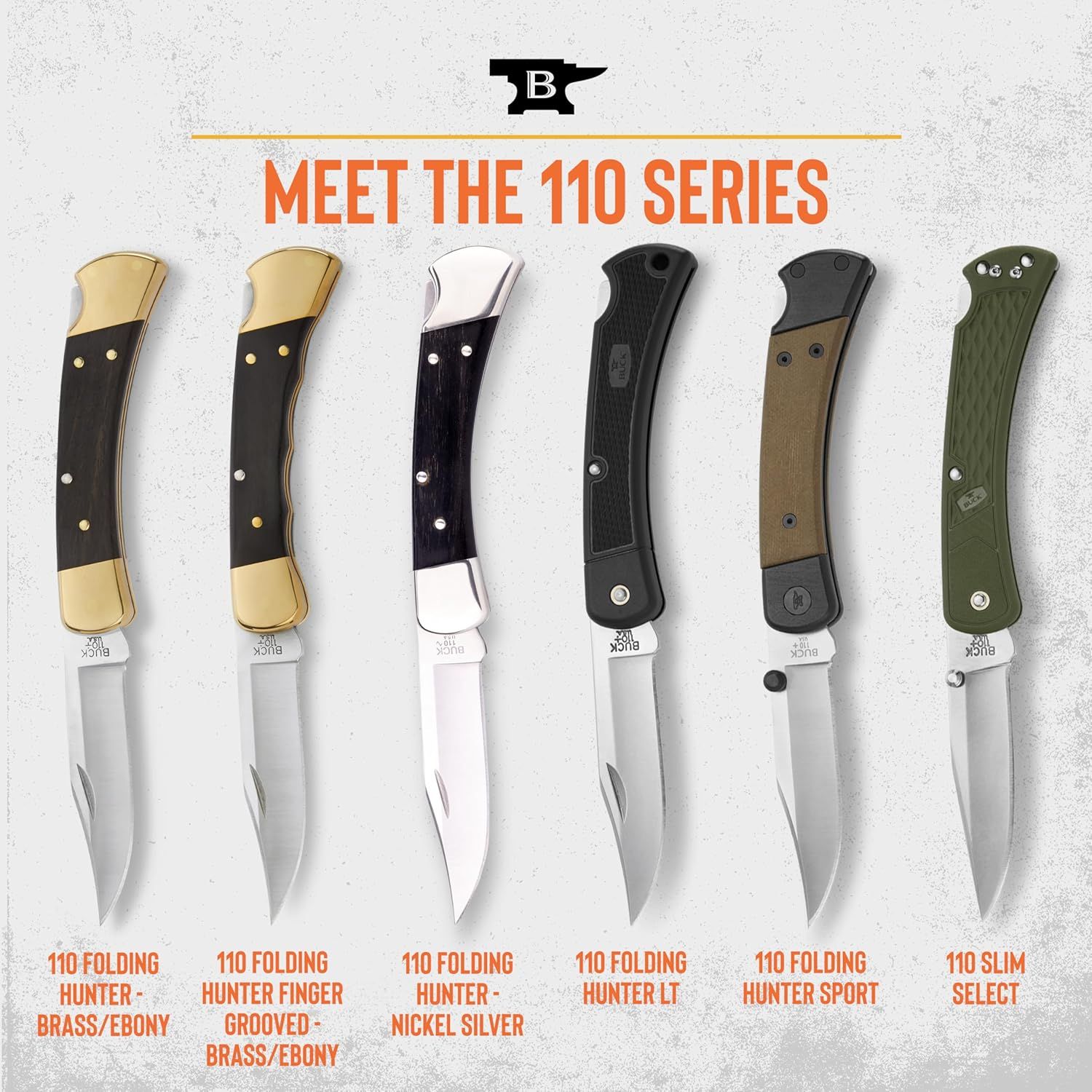 Showcases the brand's 110 Series product lineup, helping shoppers understand the variety of handle materials, finishes, and styles available within this knife collection.