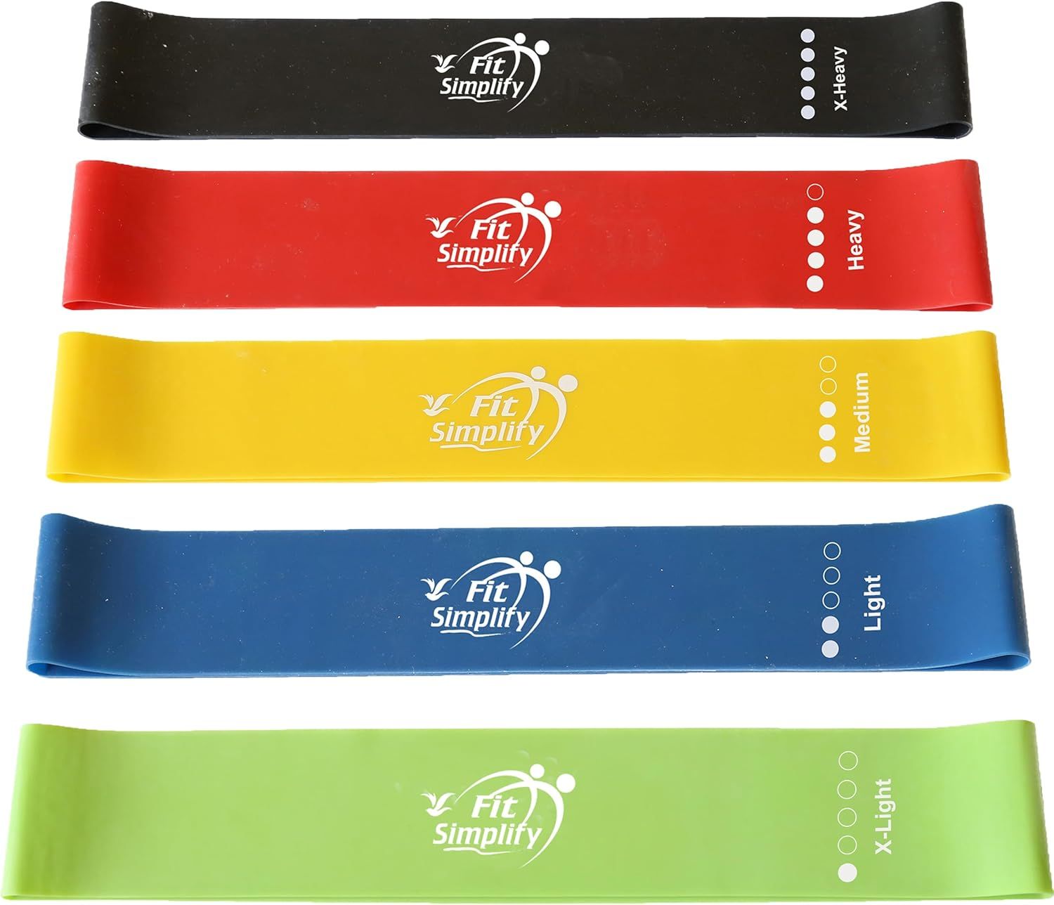 Showcases the brand's complete resistance band lineup with five different resistance levels (X-Heavy to X-Light) to help shoppers choose the right option for their fitness needs.