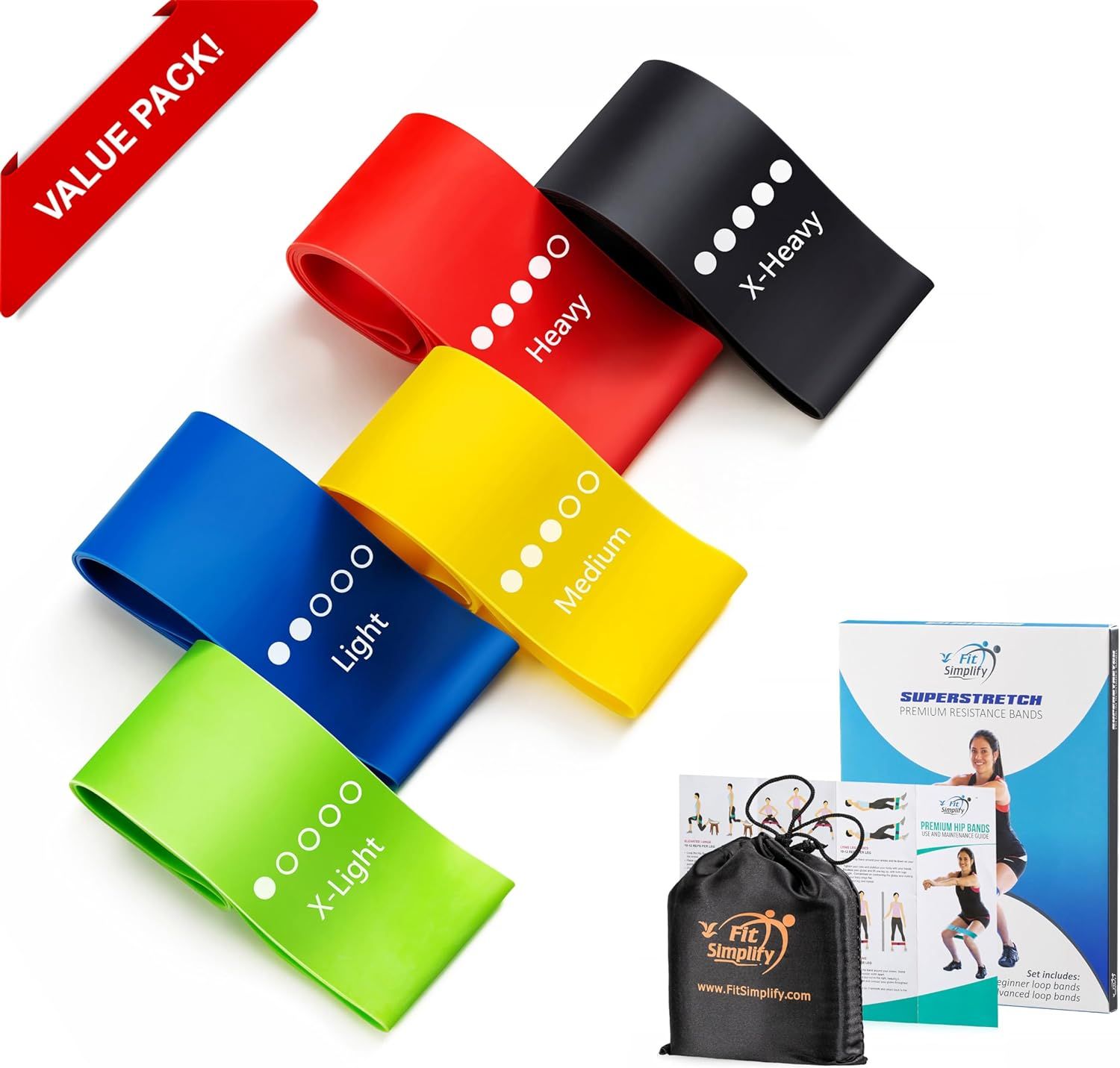Shows everything included in the value pack: five resistance bands with different resistance levels (X-Light to X-Heavy), a carrying bag, and instructional materials, helping shoppers understand the…