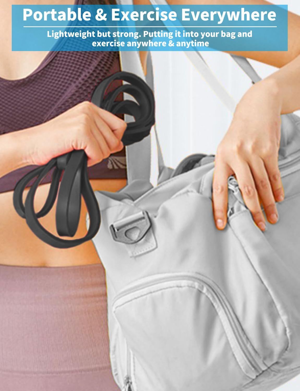Communicates that the product is lightweight and portable, making it convenient to pack in a bag and exercise anywhere, anytime.