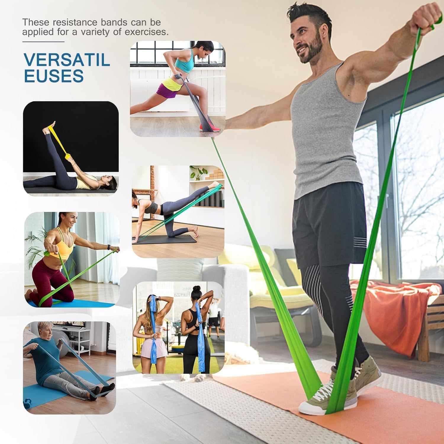 Demonstrates the versatility of the resistance bands by showing multiple different exercise scenarios and use cases, reassuring shoppers that the product can be used for a wide variety of workouts…