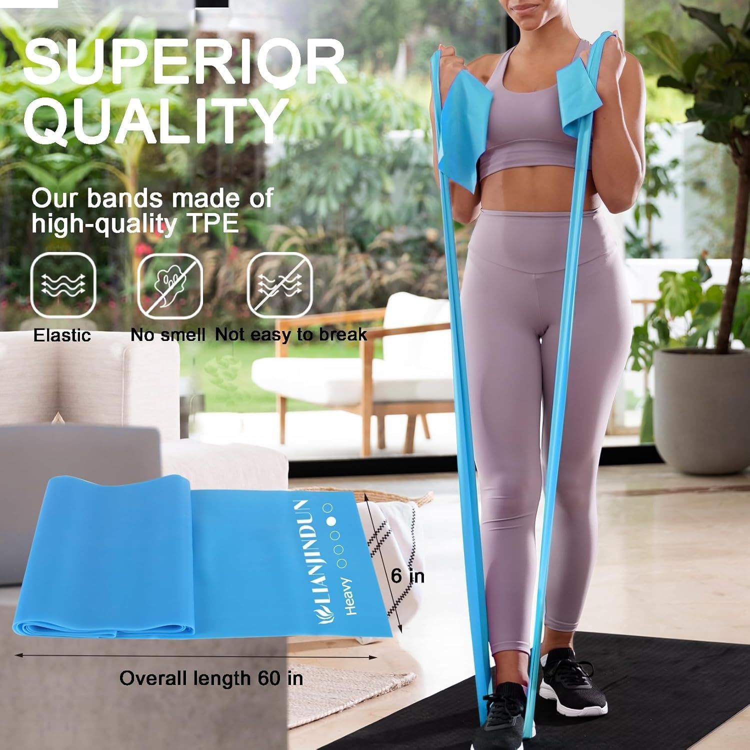 Communicates the exact physical dimensions of the resistance band to help shoppers understand the size and ensure it meets their workout needs. Highlights multiple material benefits of the TPE…
