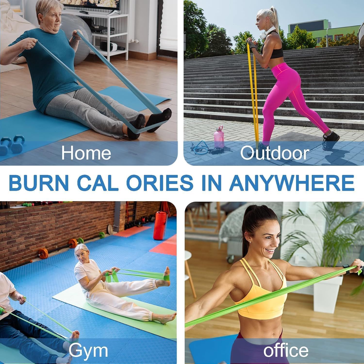 Demonstrates that the resistance band product can be used effectively in multiple settings—home, outdoor, gym, and office—to reassure shoppers of its versatility and convenience for any lifestyle.