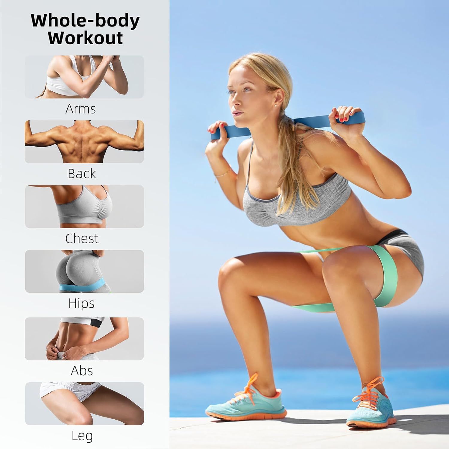 Demonstrates the product's versatility by showing it can be used for multiple body-part workouts (arms, back, chest, hips, abs, legs), reassuring shoppers that this is a comprehensive fitness…