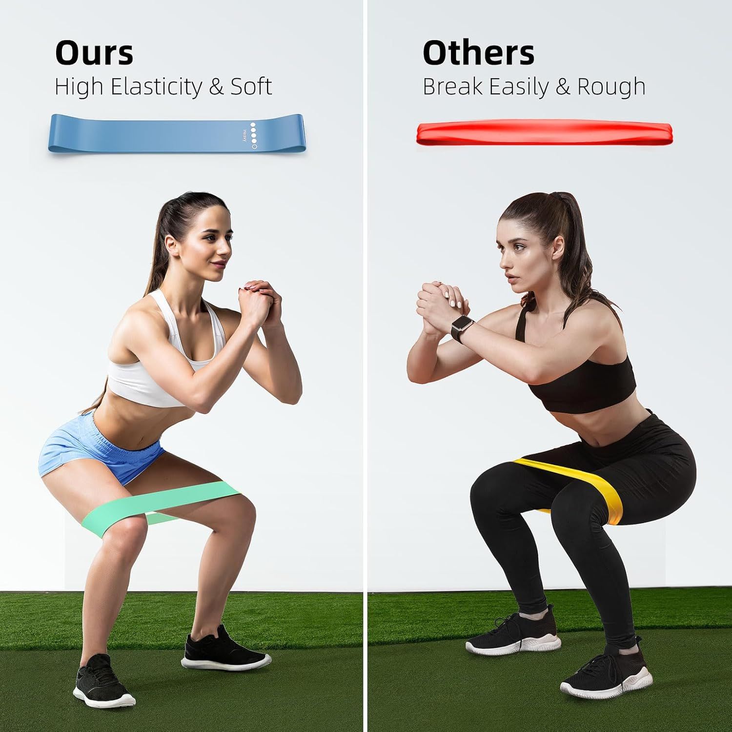 Demonstrates the superior quality and durability of this brand's resistance band compared to competitors, showing that it is soft and elastic while others break easily and feel rough.