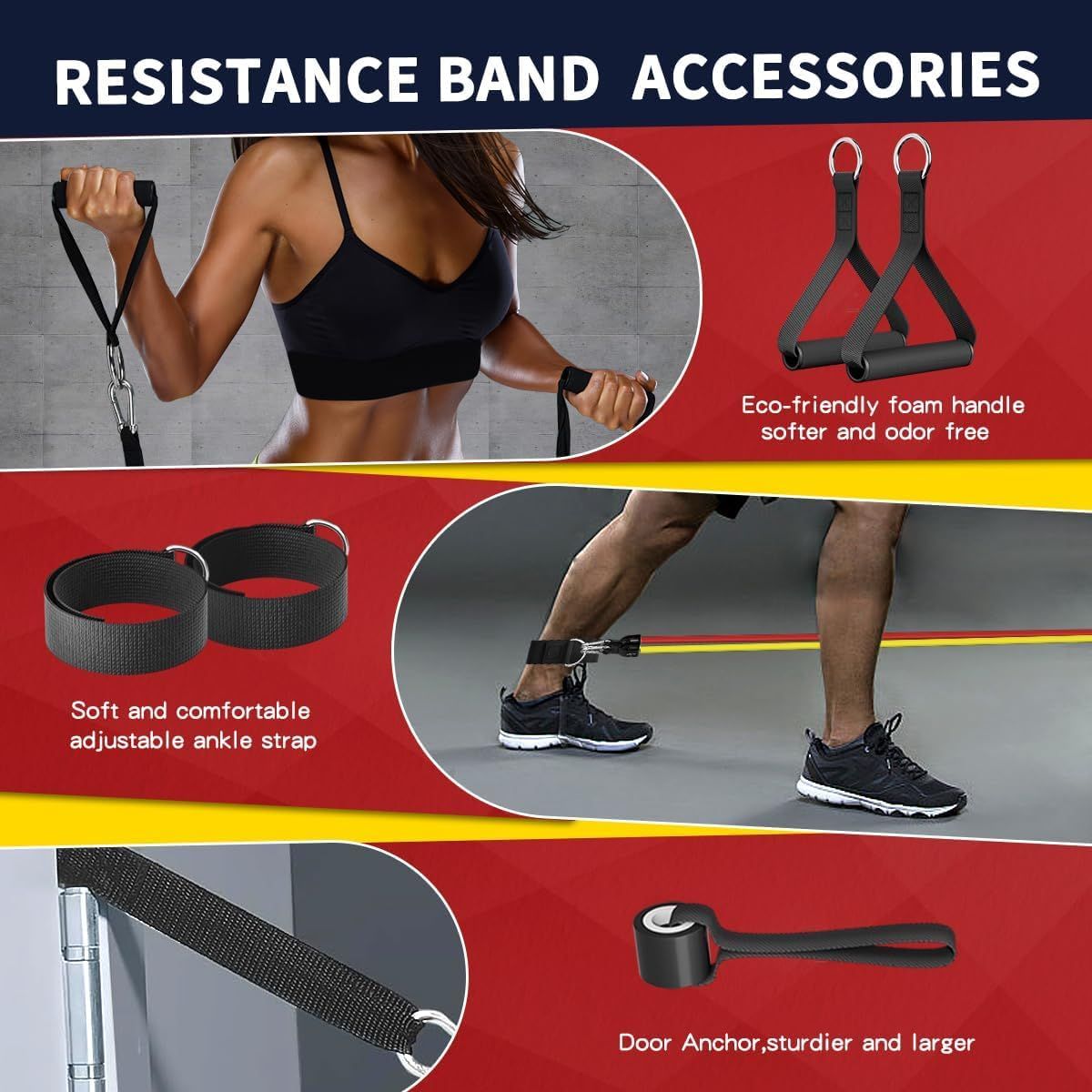 Shows all the accessories included with the resistance band system, highlighting the variety of attachments (foam handles, ankle straps, door anchor) to demonstrate the complete workout solution the…