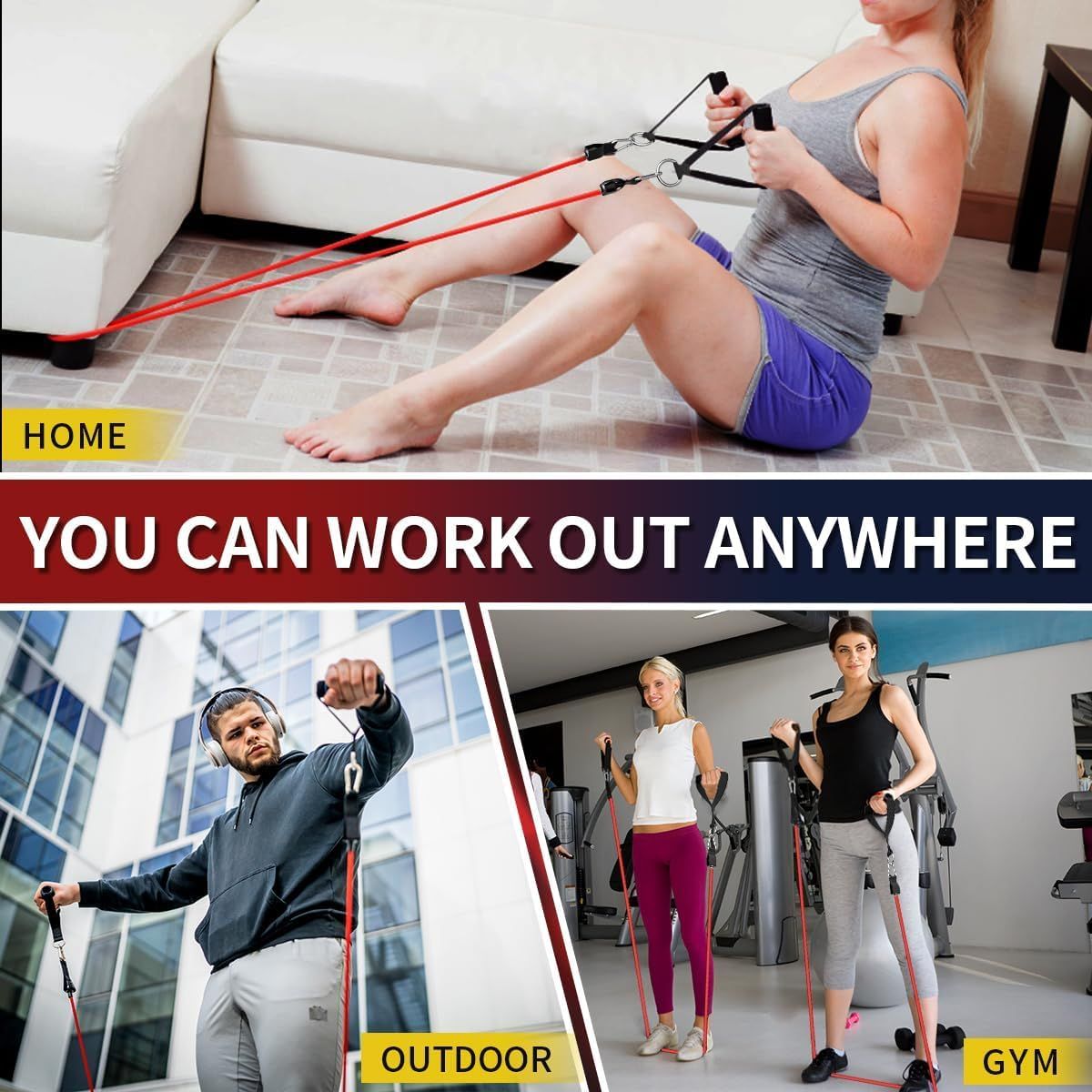 Demonstrates that the resistance band product can be used in multiple settings (home, outdoor, gym) to reassure shoppers of its versatility and convenience for any workout location.
