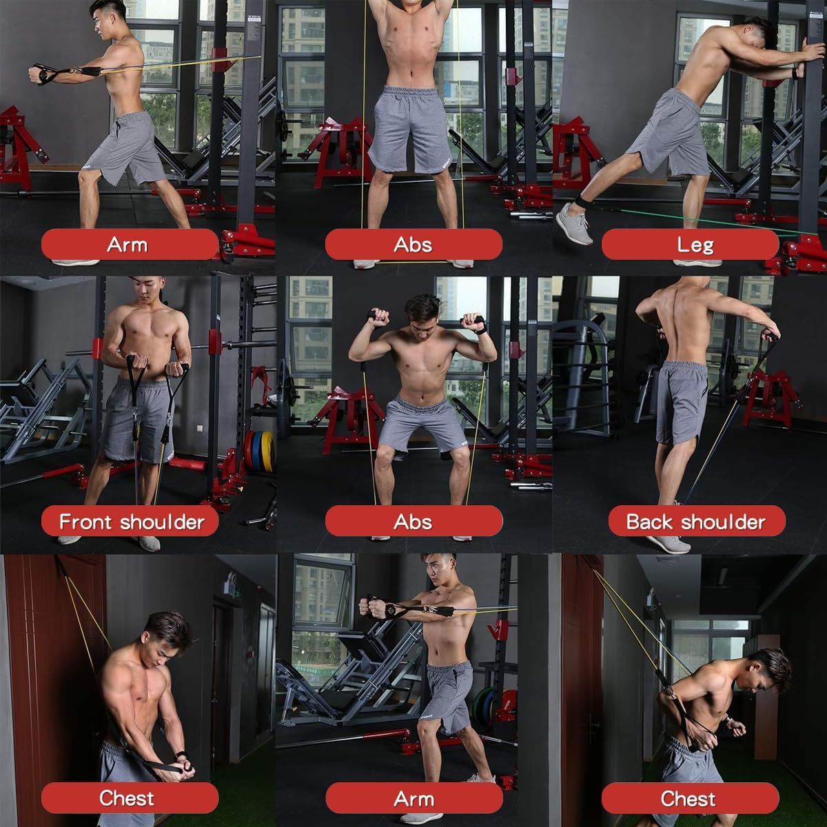 Demonstrates the versatility of the resistance band product by showing it can be used for multiple muscle groups and exercise types (arms, abs, legs, shoulders, chest), reassuring shoppers that one…