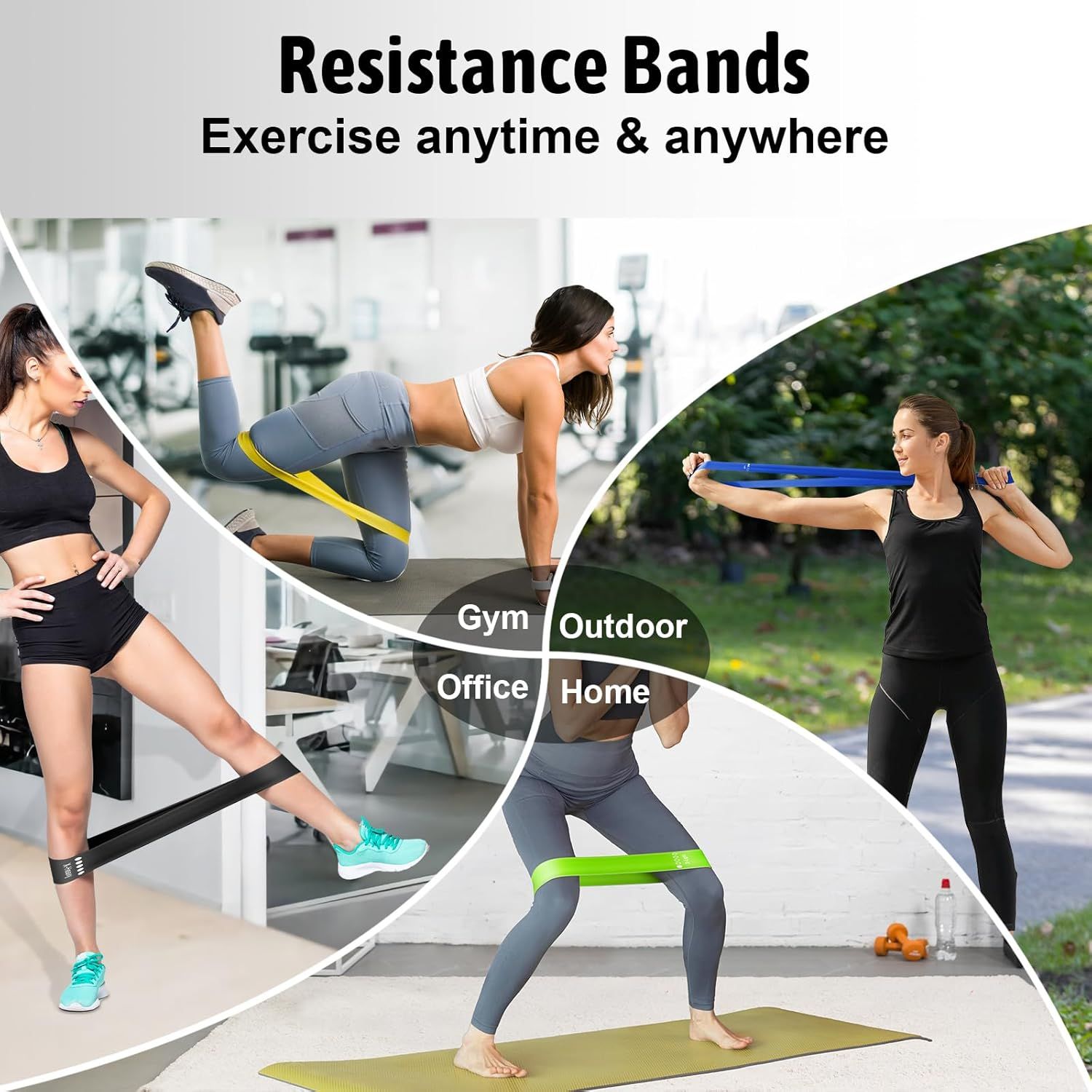Demonstrates that resistance bands can be used in multiple settings (gym, outdoor, office, home) to reassure shoppers of the product's versatility and convenience for exercising anytime and anywhere.