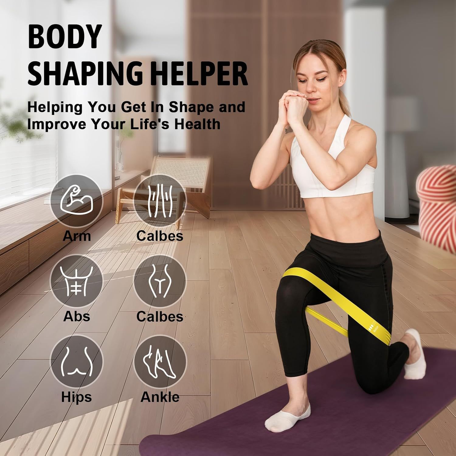 Demonstrates the versatility of the resistance band product by showing it can be used to target multiple different muscle groups and body areas during workouts.