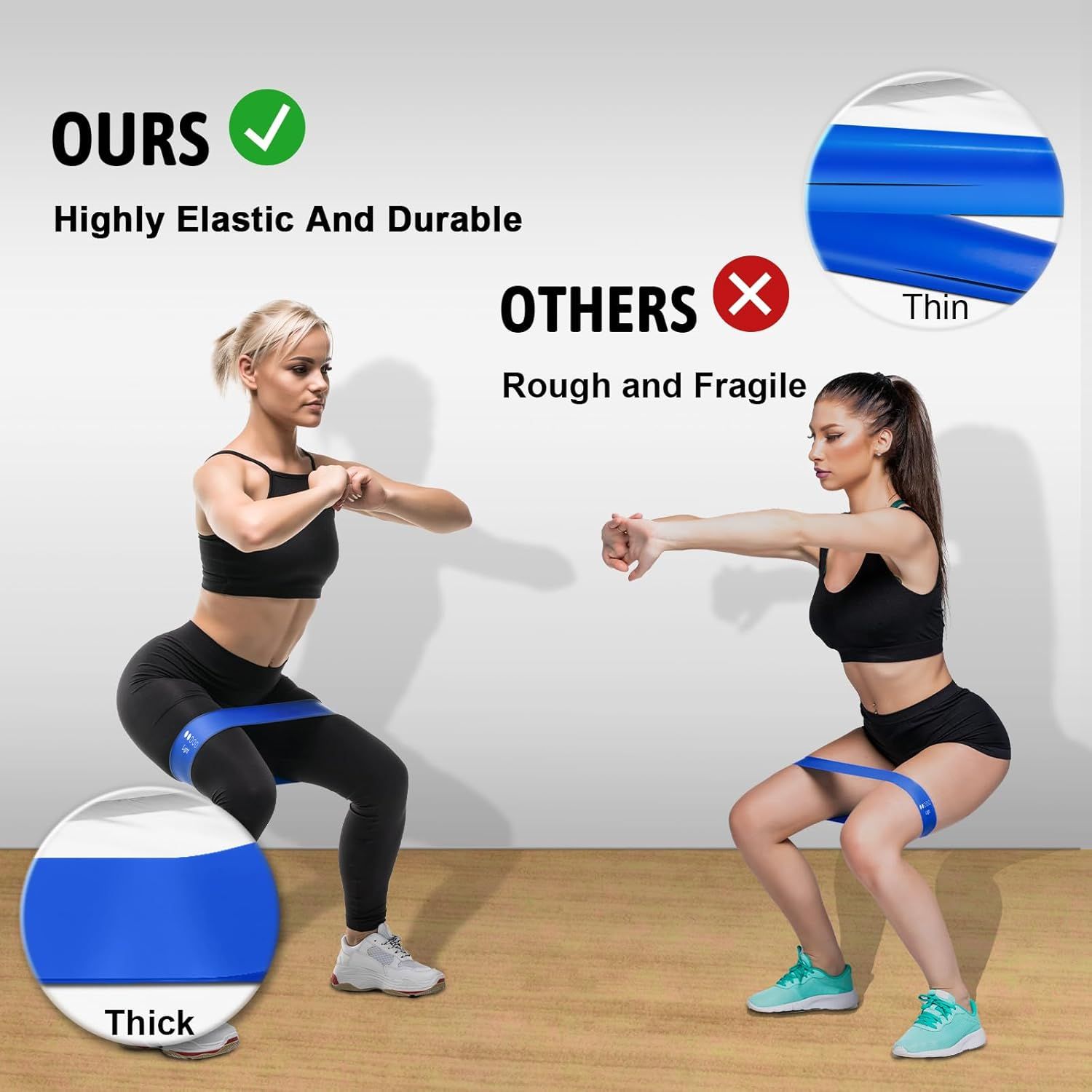 Demonstrates that this product's resistance bands are thicker, more elastic, and more durable than competing products, reassuring shoppers of superior quality and longevity.