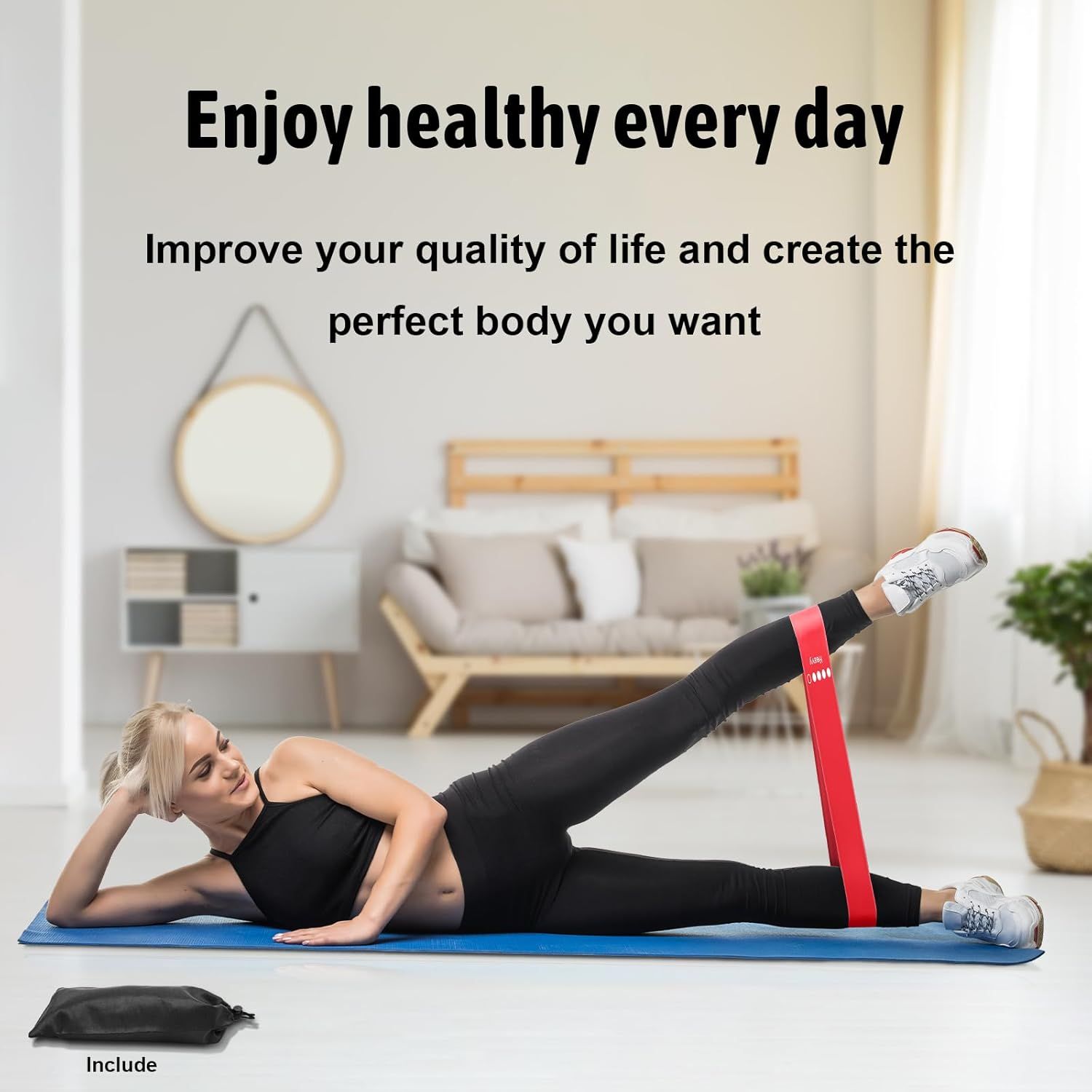 Communicates that the product (resistance band) enables convenient at-home workouts to improve health and achieve fitness goals.