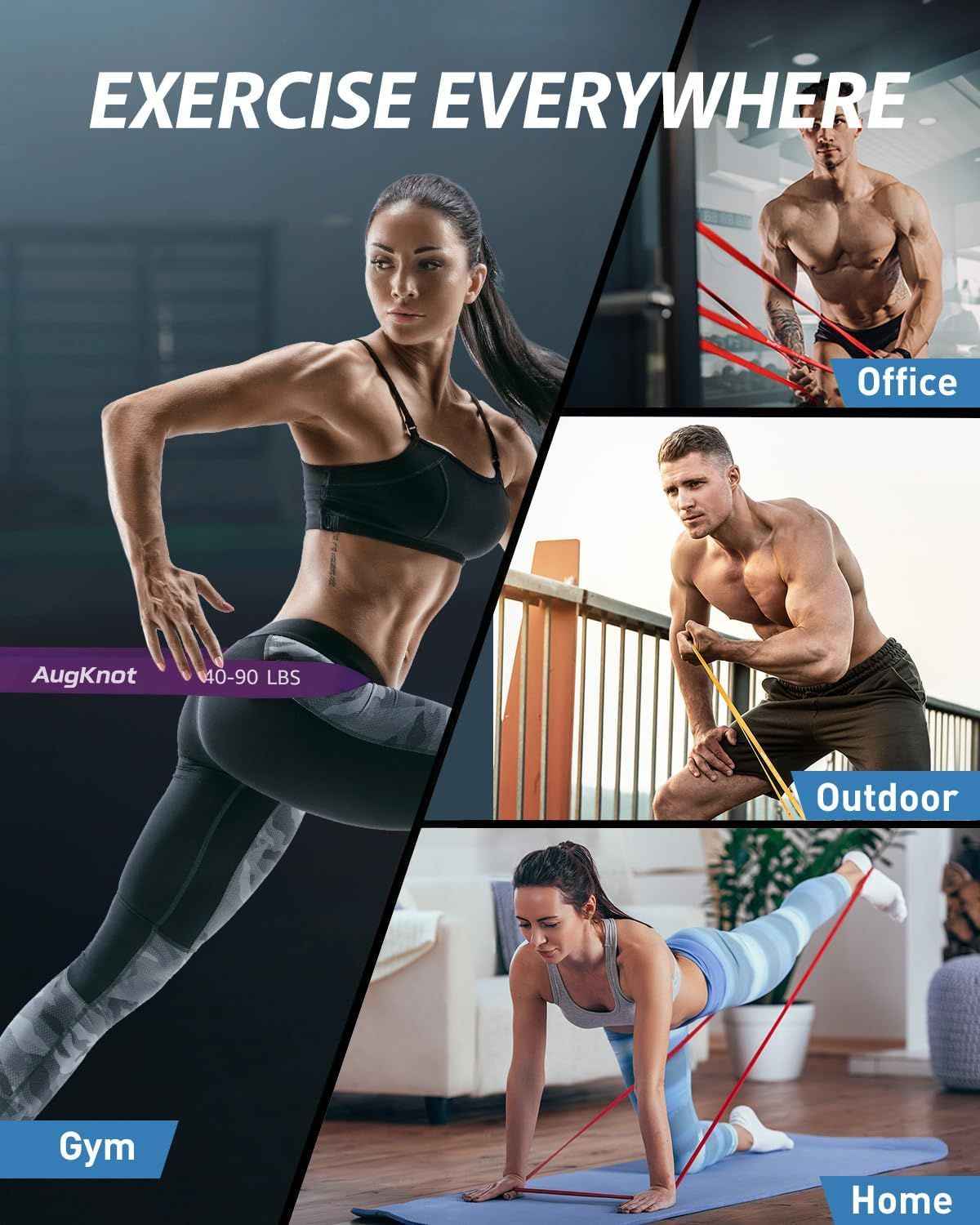 Demonstrates that the resistance band product can be used in multiple settings (gym, office, outdoor, home) to reassure shoppers of its versatility and convenience for exercising anywhere.