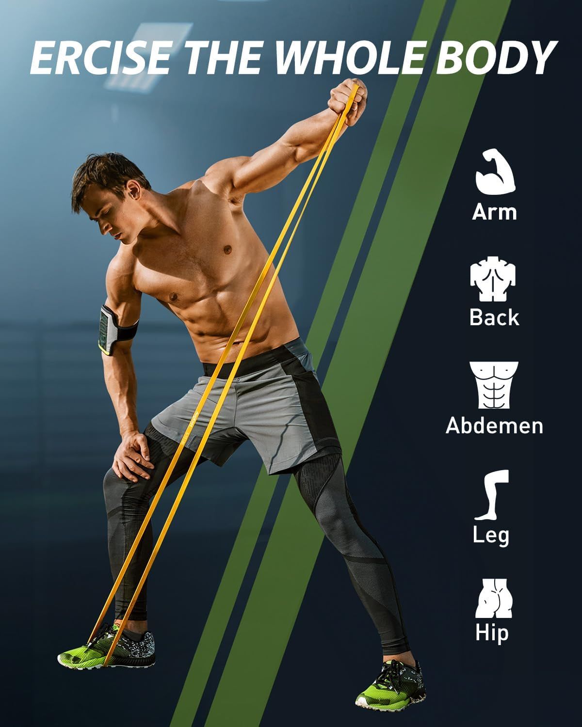 Demonstrates that the resistance band can be used to exercise multiple body parts (arm, back, abdomen, leg, hip), communicating versatility and comprehensive fitness benefits.