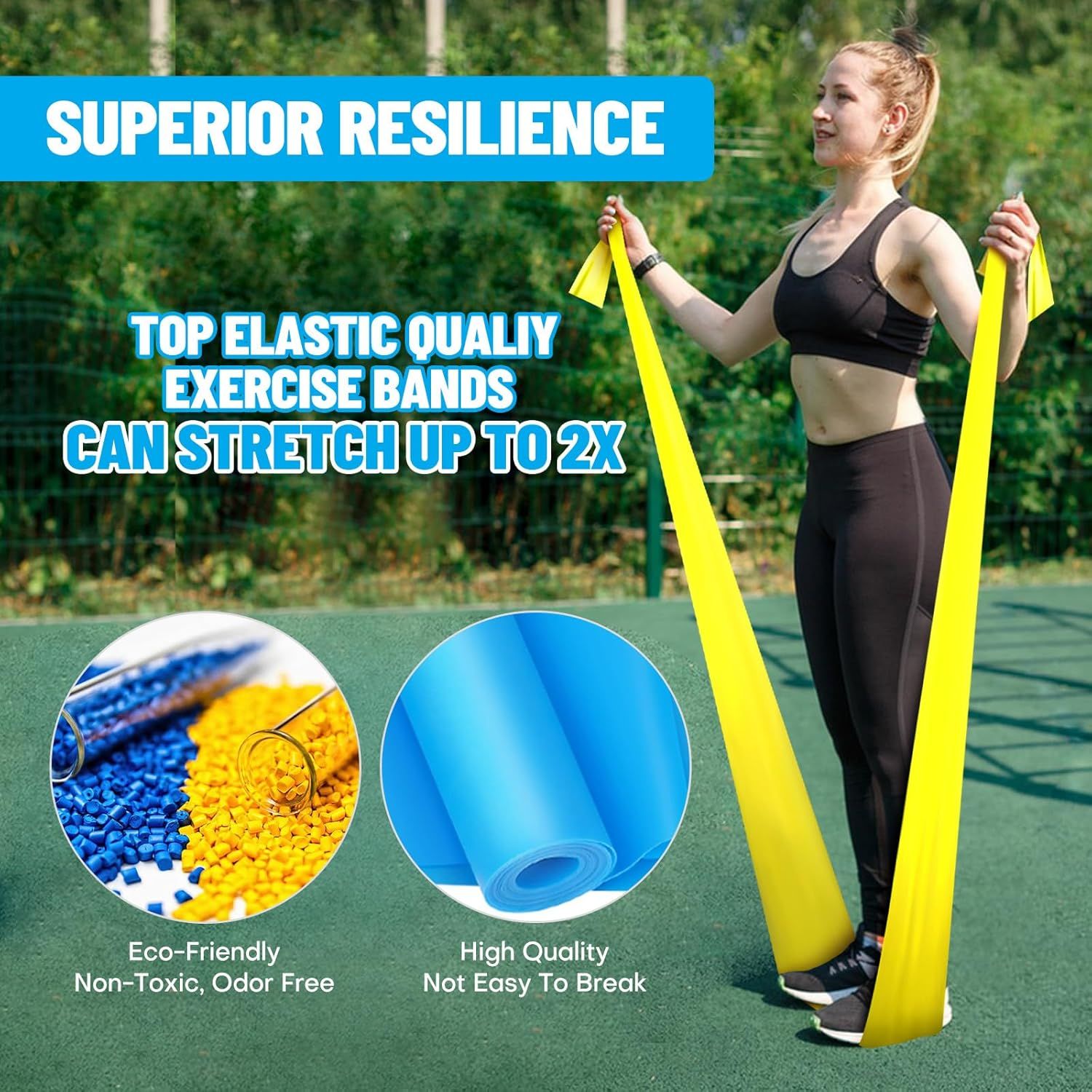 Communicates multiple key selling benefits of the exercise bands including superior resilience, 2X stretch capability, eco-friendly materials, and durability to convince shoppers of the product's…