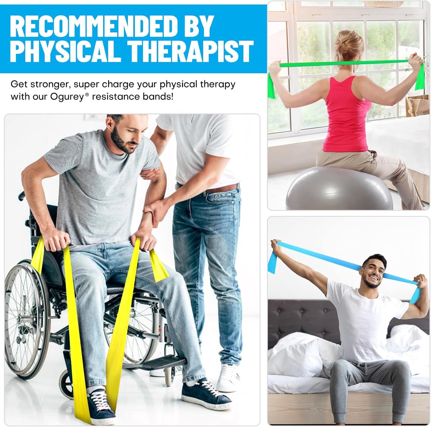 Builds trust and credibility by highlighting that the resistance bands are recommended by physical therapists, reassuring shoppers of the product's professional endorsement and therapeutic…