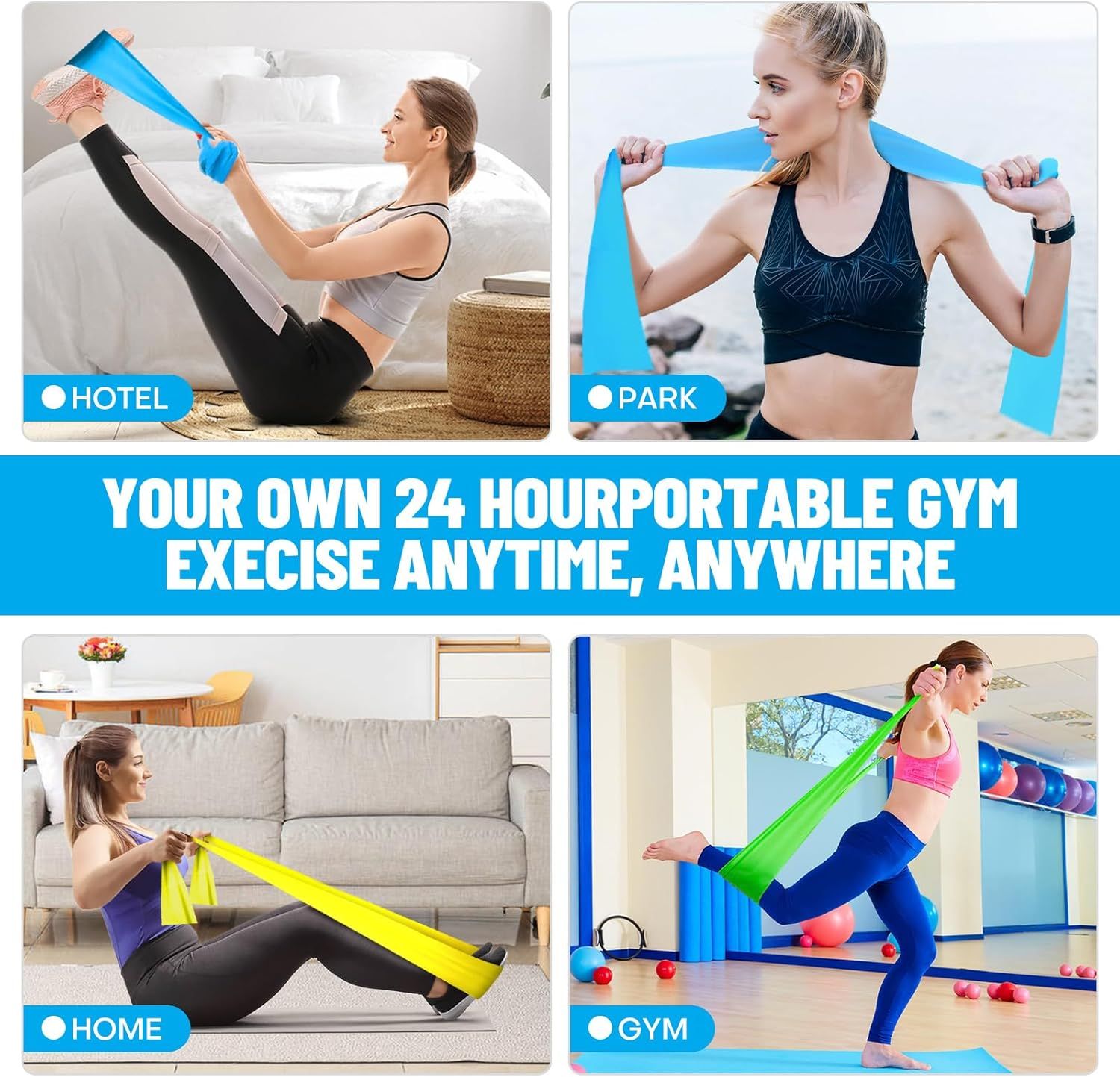 Demonstrates that the resistance band can be used in multiple locations (hotel, park, home, gym), emphasizing its portability and versatility for anytime, anywhere workouts.