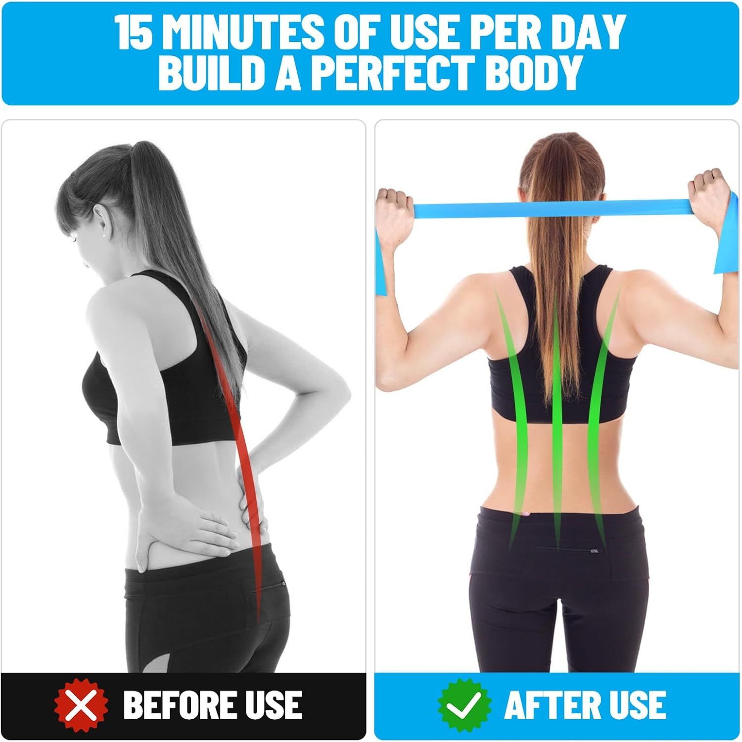 Demonstrates the physical transformation and posture improvement results achievable by using the resistance band product for just 15 minutes per day, visually proving effectiveness to motivate…