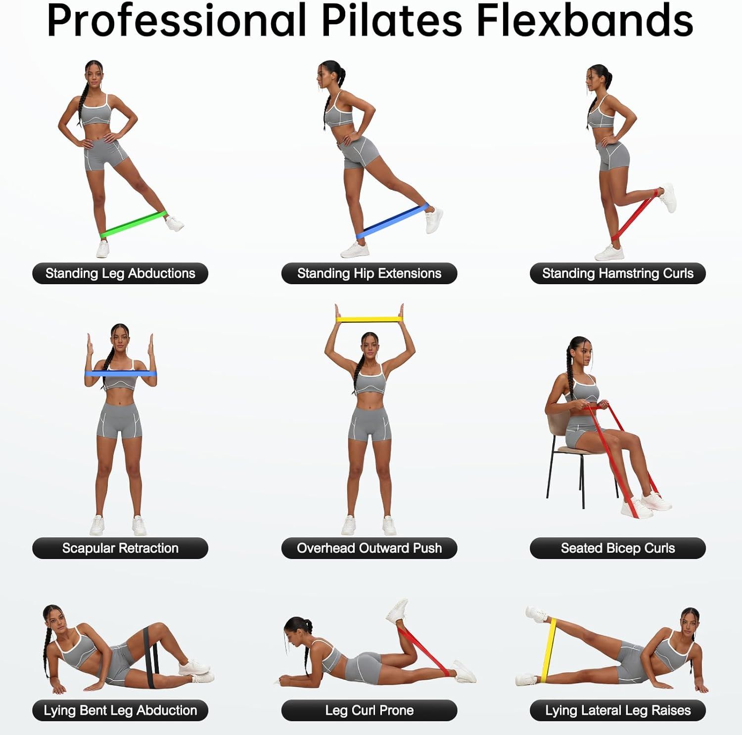 This image demonstrates how to perform nine different Pilates exercises using resistance flexbands, providing shoppers with clear visual instructions for proper form and multiple applications of the…