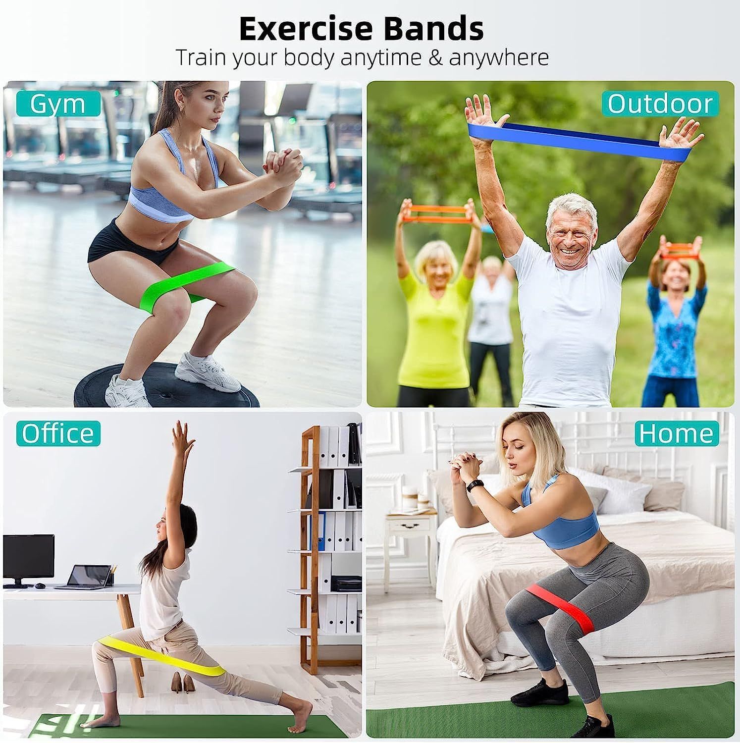 Demonstrates the versatility of exercise bands by showing they can be used in four different environments—gym, outdoor, office, and home—reassuring shoppers that the product fits any lifestyle or…