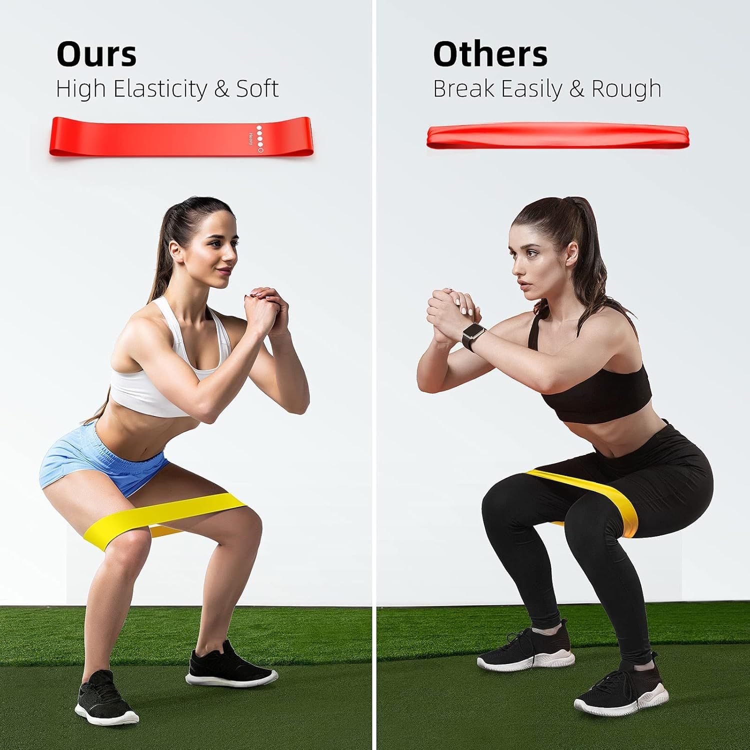 Demonstrates the superior elasticity and durability of this brand's resistance band compared to competing products that break easily and feel rough. Highlights the product's high elasticity and soft…