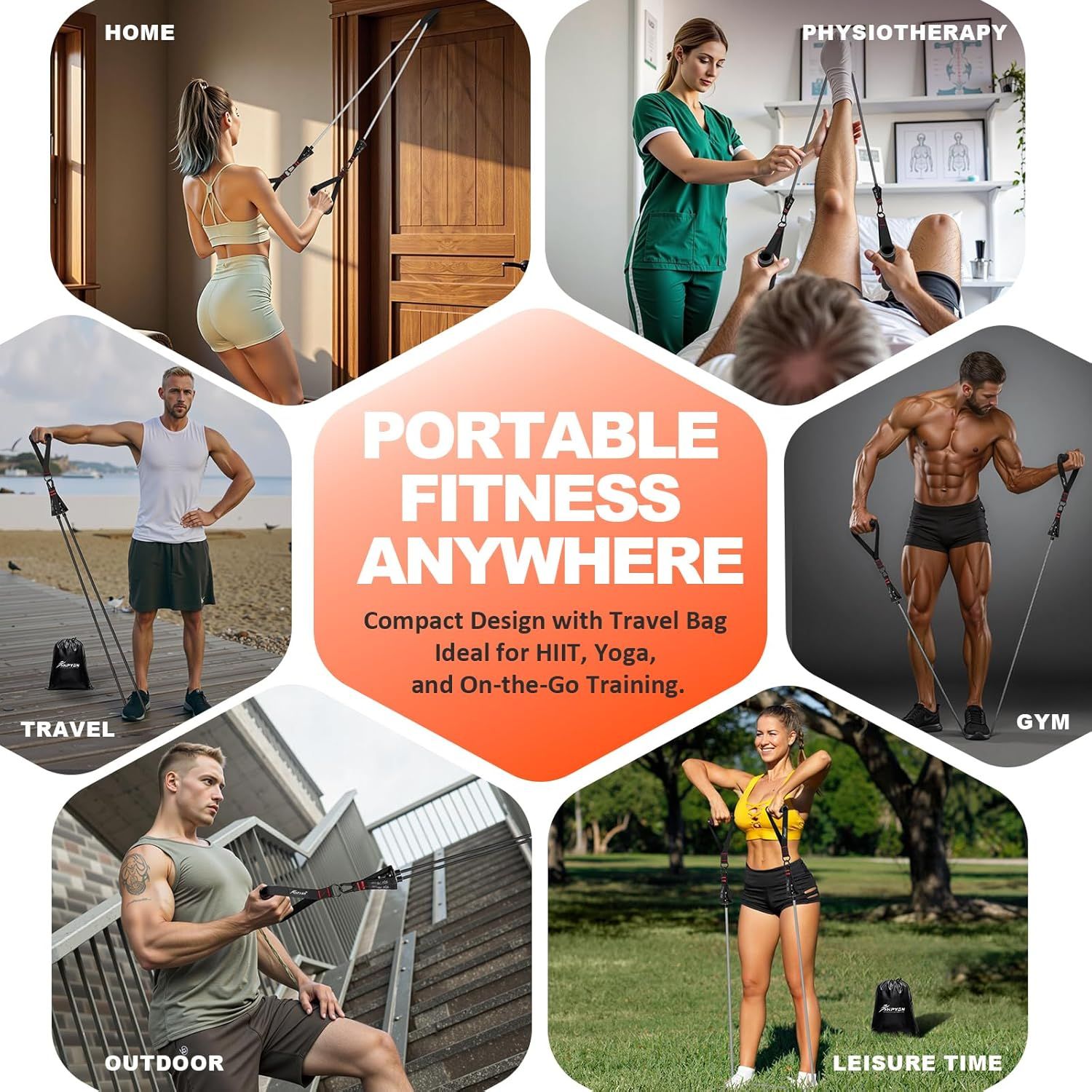 Demonstrates the product's versatility by showing it can be used in multiple environments and scenarios—home workouts, physiotherapy, travel, gym, outdoor, and leisure—to reassure shoppers it fits…