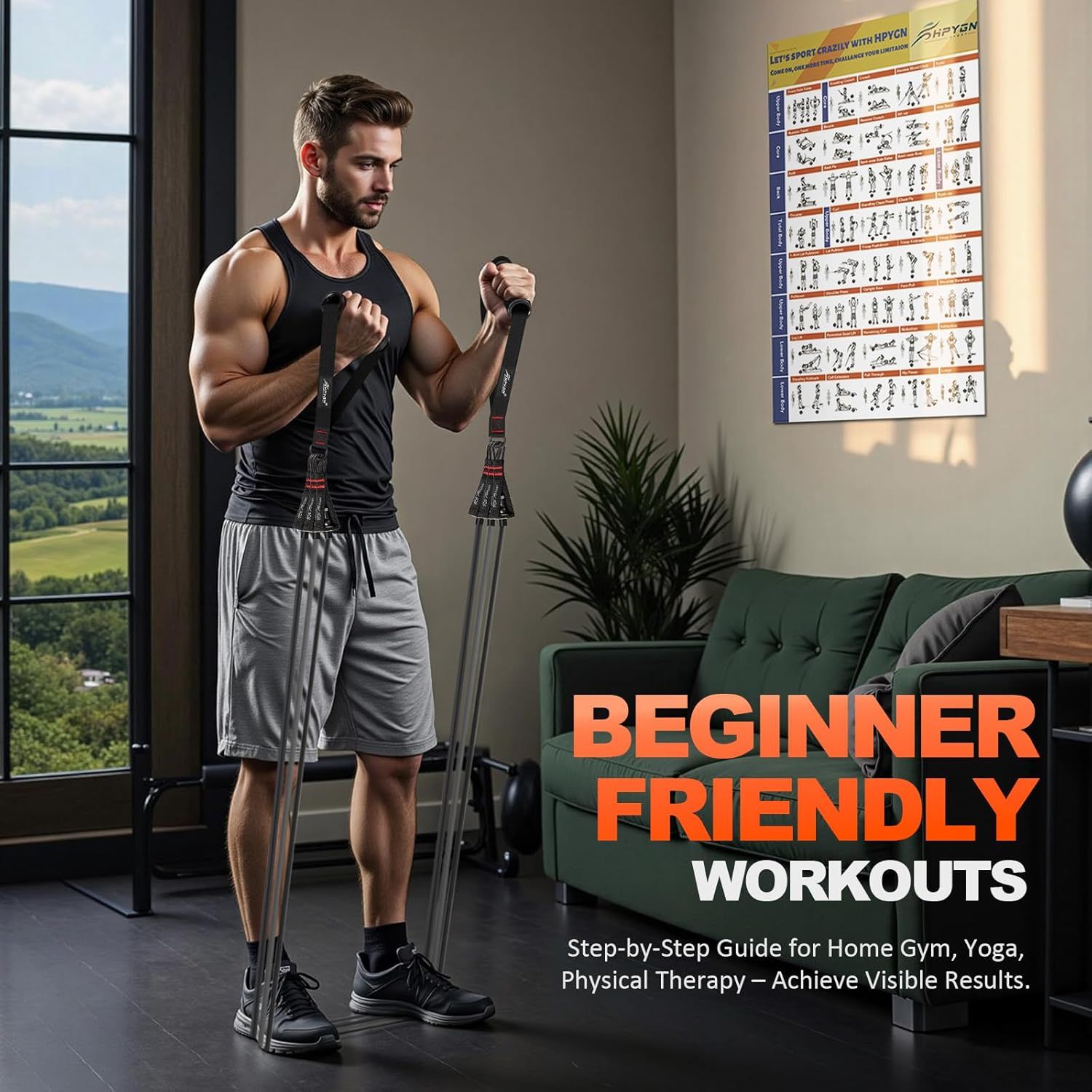 Communicates that the product is accessible and easy to use for beginners, offering step-by-step guidance for home gym, yoga, and physical therapy to help users achieve visible results.