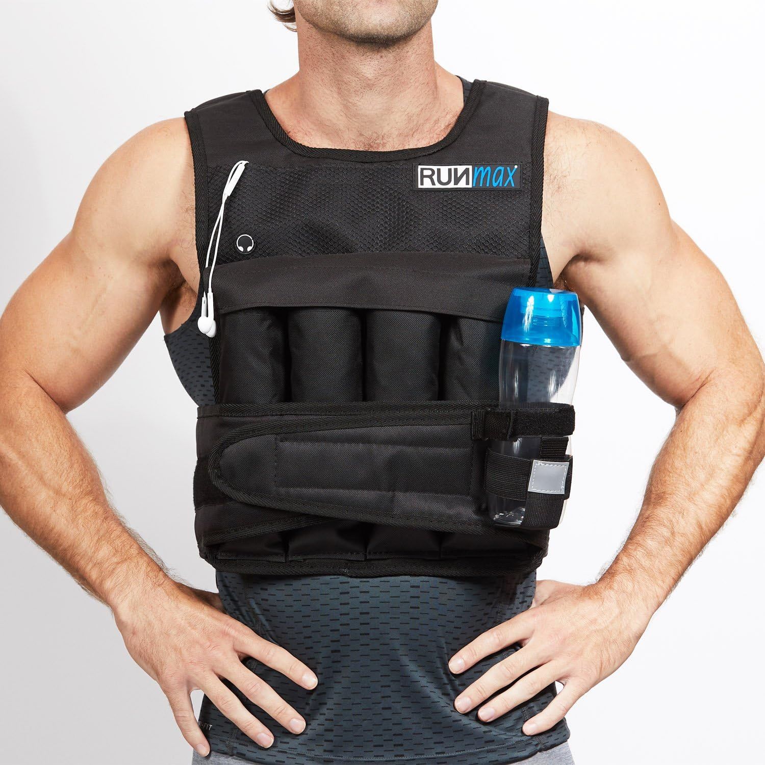 Highlights the functional design elements and storage features of the weighted running vest, showing shoppers where they can store items and how the vest is structured for practical use.
