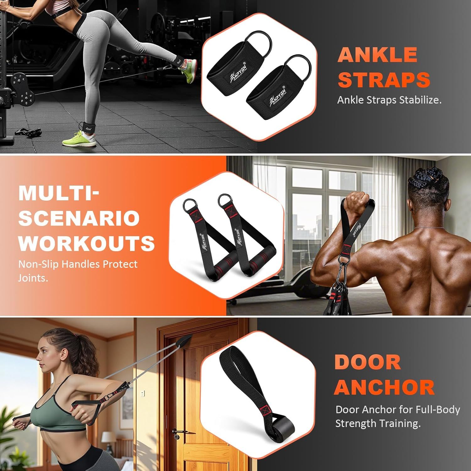 Demonstrates multiple use cases for the fitness accessory product, showing it can be used for ankle stabilization, cable machine workouts, and door-anchored home training to communicate versatility.
